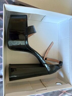 Fashion Nova Black Patent Platform Block Heel Sandals